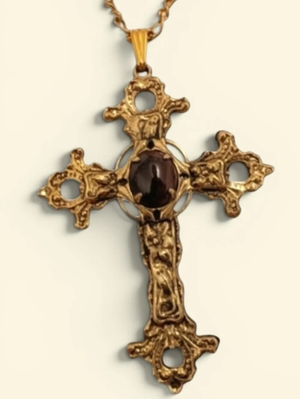 TRUE VINTAGE Renaissance Cross Necklace Heavy Gold Tigers Eye Christian